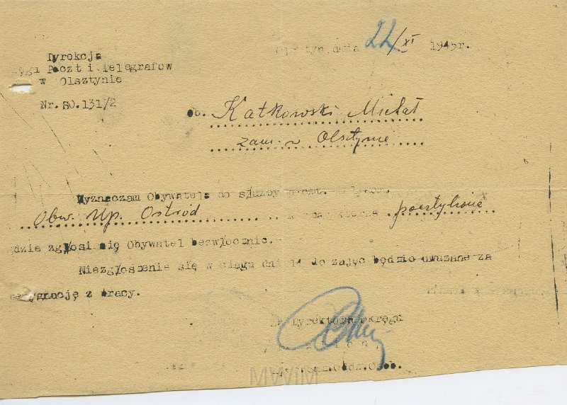 KKE 5586.jpg - Dok. Pismo z Dyrekcji Okręgu Poczt i Telekomunikacji w Olsztynie do Michała Katkowskiego dotyczące podania o pracę, Olsztyn, 22 XI 1945 r.